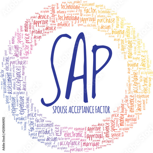 SAP - Spouse Acceptance Factor word cloud conceptual design isolated on white background.