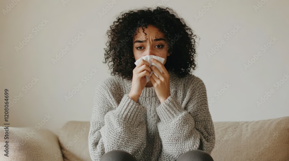 Young woman suffering from cold or flu, blowing her nose with tissue paper while sitting on a sofa at home, feeling unwell and trying to recover Young woman suffering from cold or flu, blowing her nose with tissue paper while sitting on a sofa at home, feeling unwell and trying to recover