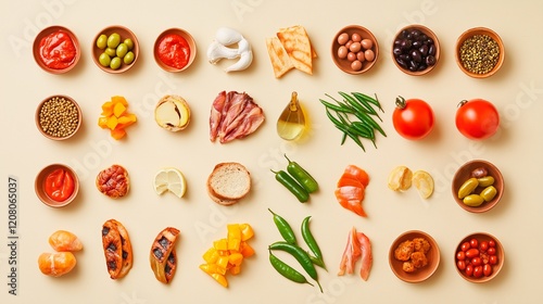 different food composition on color background