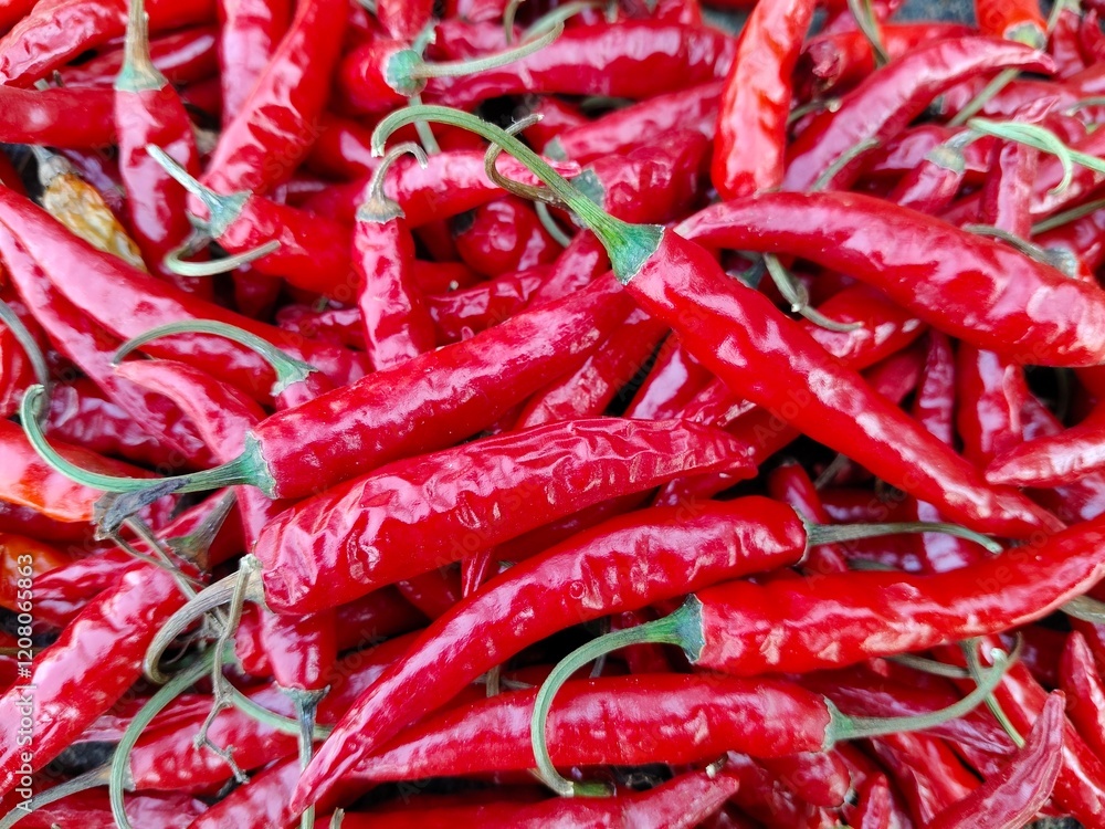 close up top view pile of red thai hot chili peppers, beautiful colorful vibrant red colors. Red chilli. close up top view pile of red thai hot chili peppers, beautiful colorful vibrant red colors. Red chilli.