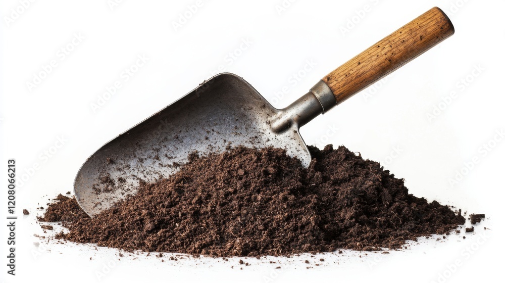 A shiny metal garden shovel resting in rich dark soil. The earth shows textures of fertile nutrients. Perfect for gardening and planting projects. Generative AI A shiny metal garden shovel resting in rich dark soil. The earth shows textures of fertile nutrients. Perfect for gardening and planting projects. Generative AI