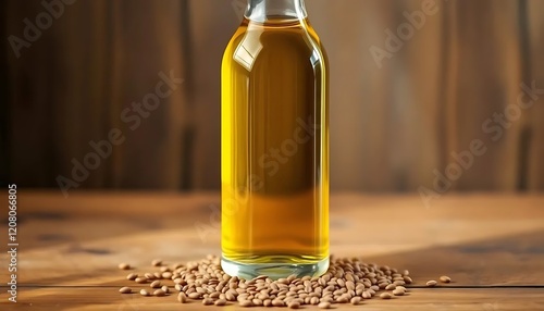 Pure Flaxseed Oil in Glass Bottle with Seeds photo