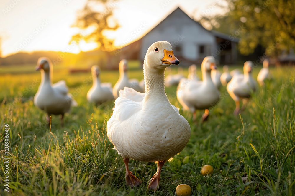 Majestic White Goose in Golden Hour Light: A Serene Farm Scene Majestic White Goose in Golden Hour Light: A Serene Farm Scene