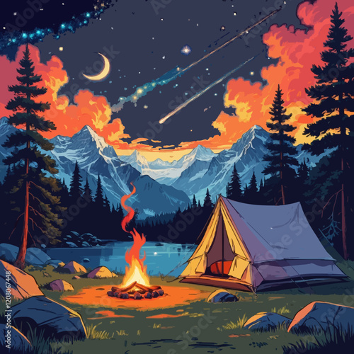 A surreal camping scene under a vibrant night sky, with a shooting star streaking across the horizon, illuminating a mountain range bathed in moonlight