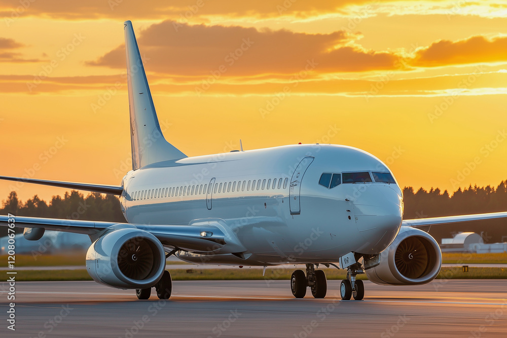 large white airplane is parked on the runway, with the sun setting in the background. The plane is ready for takeoff, and the sky is filled with a warm, orange glow