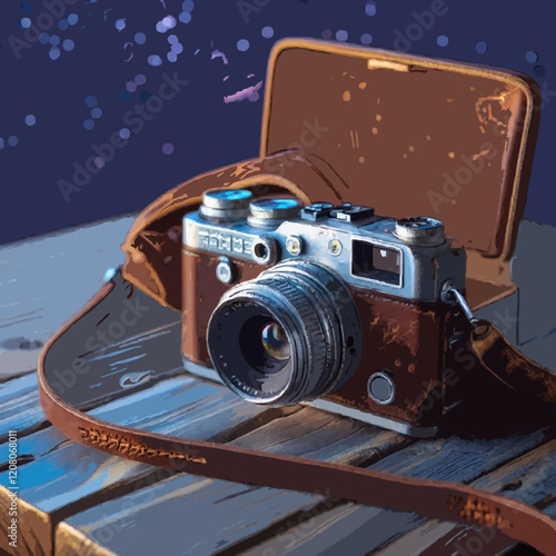 A Vintage Camera Under a Starry Sky - A classic camera with a leather strap and case, resting on a wooden table under a breathtaking night sky_LE_upscale_balanced_x4_light_ai_80_tone_enhance_90_color_