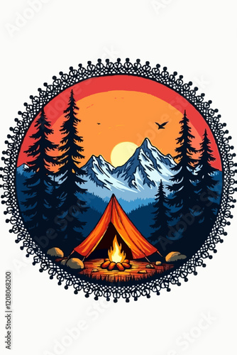 A surreal camping scene under a vibrant night sky, with a shooting star streaking across the horizon, illuminating a mountain range bathed in moonlight