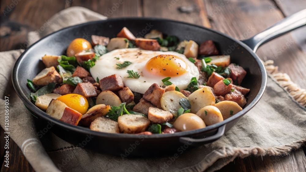 Sizzling breakfast hash with potatoes and sausage cozy kitchen food dish rustic atmosphere culinary delight Sizzling breakfast hash with potatoes and sausage cozy kitchen food dish rustic atmosphere culinary delight