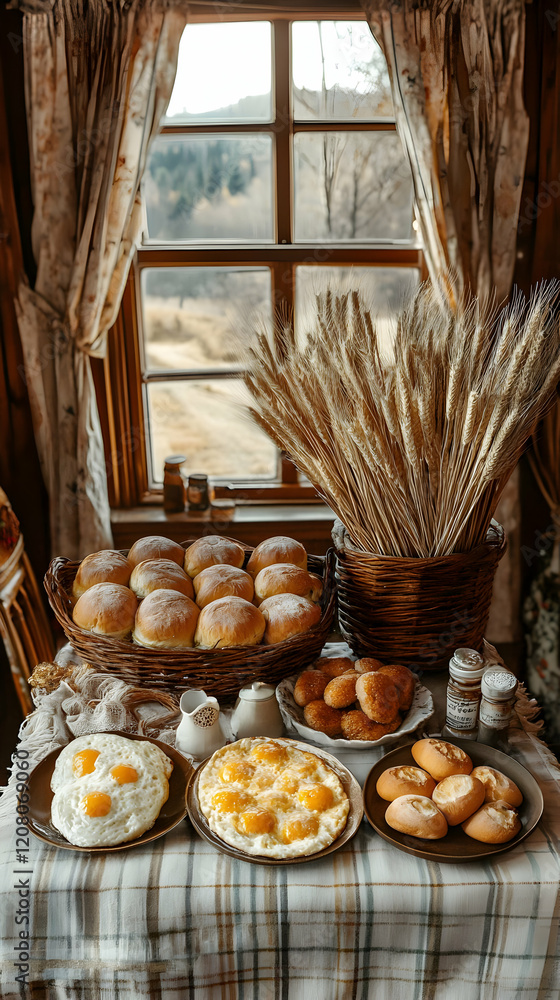 Rustic Cabin Breakfast Eggs, Bread, Window View