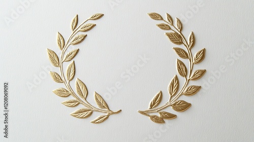 A golden laurel wreath motif embossed on a clean white card photo