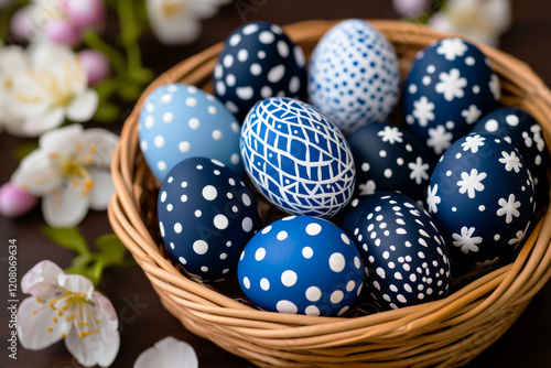 Hand-painted blue Easter eggs in a wicker basket.  