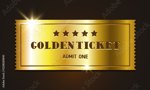 3d golden tickets. Golden ticket with stars and the inscription "Admit one". Vector illustration.