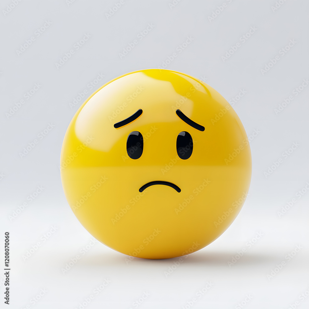 Fototapeta premium Worried 3d cartoon yellow emoji. Frustrated, distressed, disappointed, sad emoticon mood. Unhappy smiley isolated on white