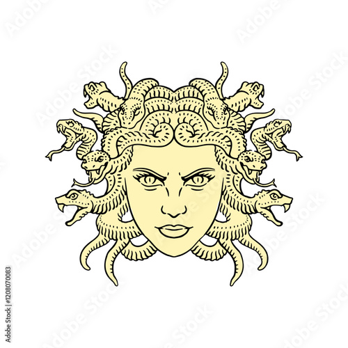 Medusa Gorgo head with snakes sketch engraving raster illustration. T-shirt apparel print design. Scratch board imitation. Black and white hand drawn image.