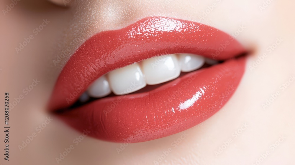 Obraz premium Glossy close-up woman lips emphasizing glamour makeup on dark skin, revealing radiant beauty and cosmetic elegance fashion