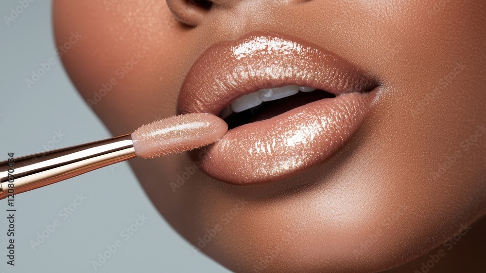 Obraz premium Professional makeup artist applying shimmering gloss, highlighting model's woman lips with glamorous, luminous finish