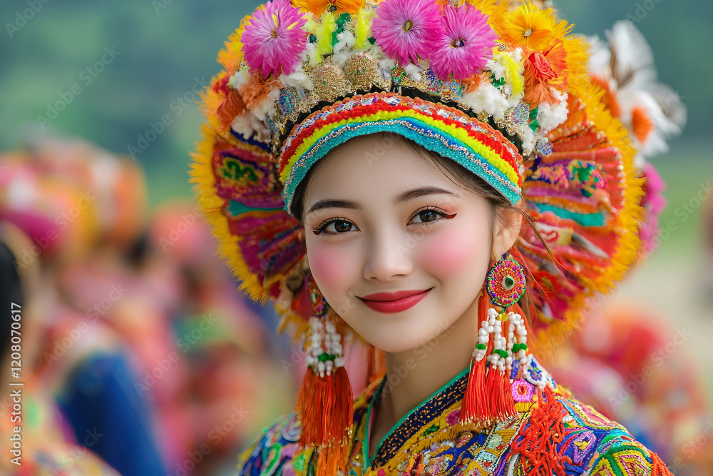 Young girl wearing traditional chinese dress smiling during celebrations in the street generative ai