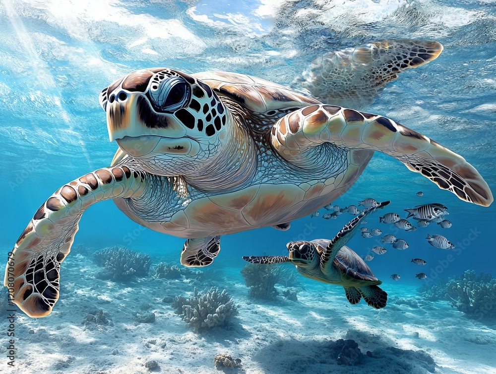 Obraz premium A painting of two turtles swimming in the ocean