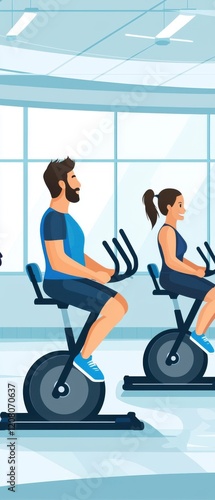 A vibrant gym scene featuring individuals exercising on stationary bikes, promoting fitness and a healthy lifestyle.