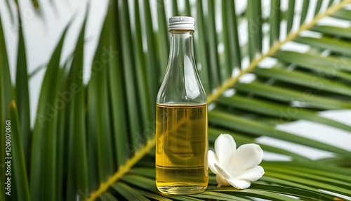 Pure Virgin Coconut Oil Bottle on Palm Leaves photo