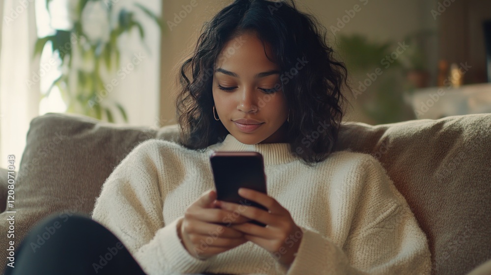 Young Woman Relaxed on Sofa Using Smartphone at Home Young Woman Relaxed on Sofa Using Smartphone at Home