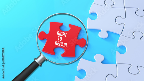 The word Right to Repair on a missing puzzle piece and magnifying glass. photo