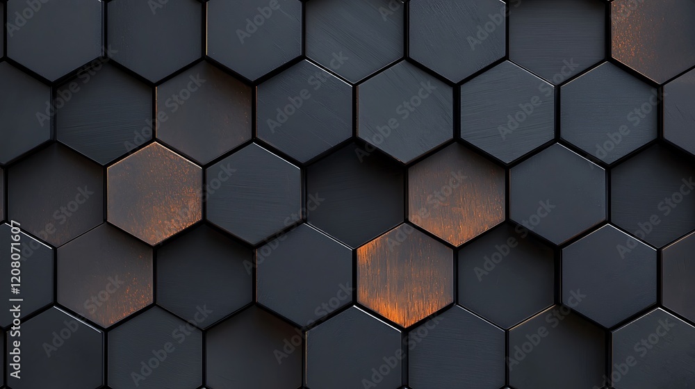 Close-up view of a textured hexagonal tile wall with dark tones and subtle rust highlights Close-up view of a textured hexagonal tile wall with dark tones and subtle rust highlights