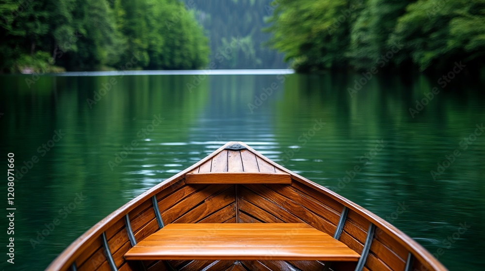 Obraz premium A wooden boat on a lake with trees in the background