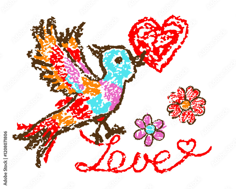 Fototapeta premium Cute funny smiling bird with red heart. Bright vibrant colorful like kids hand drawing doodle style. Crayon, pastel chalk or pencil. Cartoon art simple sweet childlike joyful girly character