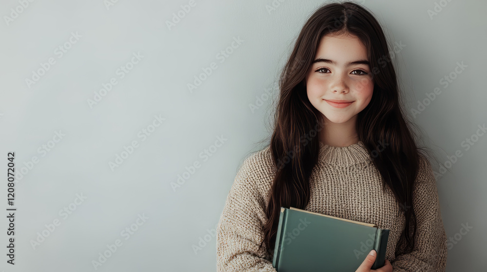 young girl with shoulder-length dark brown hair, wearing a white sweater, standing against a plain light gray wall young girl with shoulder-length dark brown hair, wearing a white sweater, standing against a plain light gray wall