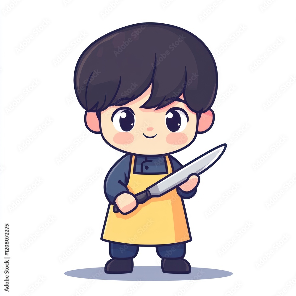 Cartoon person in yellow apron holding a knife standing on white background, for a cooking theme Cartoon person in yellow apron holding a knife standing on white background, for a cooking theme