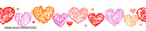 Valentine's day seamless pattern, border or background with red pink hearts. Bright vibrant like kids hand drawing doodle funny style. Crayon, pastel chalk or pencil. Cartoon art simple banner frame