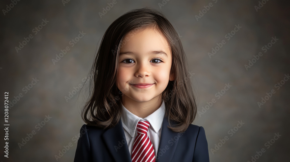 young girl with medium-length dark hair, wearing a navy school blazer and a red-and-white striped tie, smiling slightly. young girl with medium-length dark hair, wearing a navy school blazer and a red-and-white striped tie, smiling slightly.