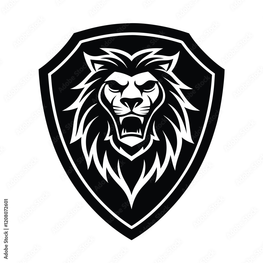 Fototapeta premium Lion Head Silhouette on Shield Vector Art - Black Lion Head Logo Design