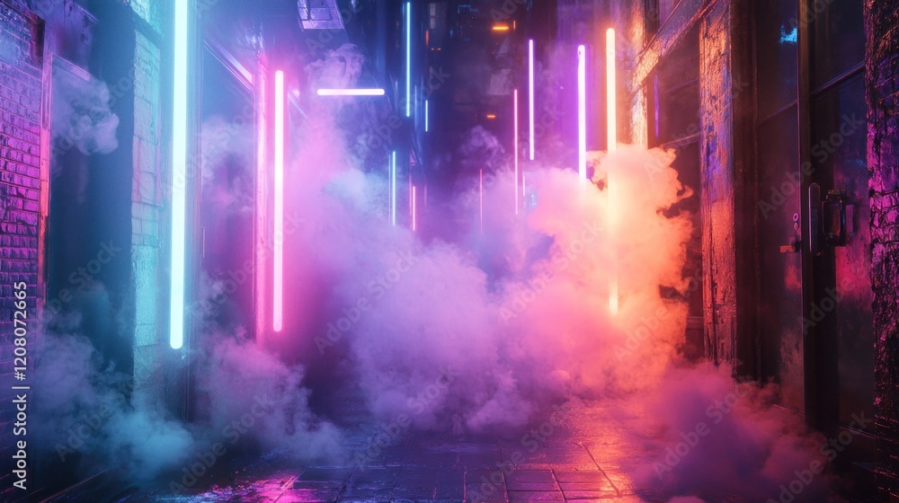 Fototapeta premium Neon Nightscape: Enigmatic Alleyway Bathed in Vapor and Vivid Light