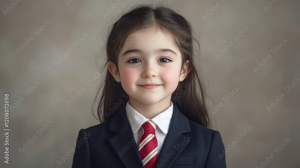 young girl with medium-length dark hair, wearing a navy school blazer and a red-and-white striped tie, smiling slightly. young girl with medium-length dark hair, wearing a navy school blazer and a red-and-white striped tie, smiling slightly.
