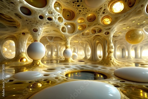 Abstract, surreal, Creative openwork interior futuristic beige tones showcases distinctive decorative columns seamless link original floor, ornate ceiling, crafting harmonious, opulent 