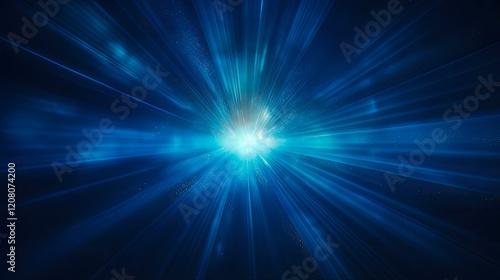 Blue Sun Flare on Dark Background. Realistic Shine of Bright Light in Abstract Space Explosion