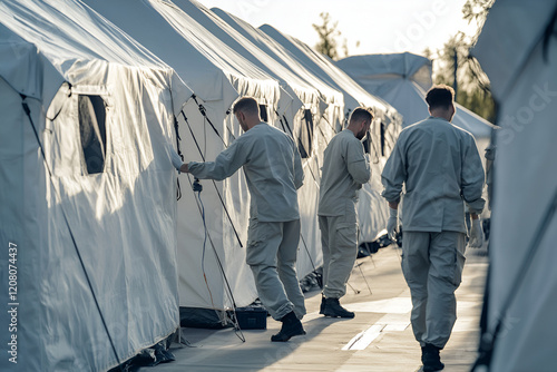 Humanitarian workers set up tents at a relief camp during a civil defense operation photo