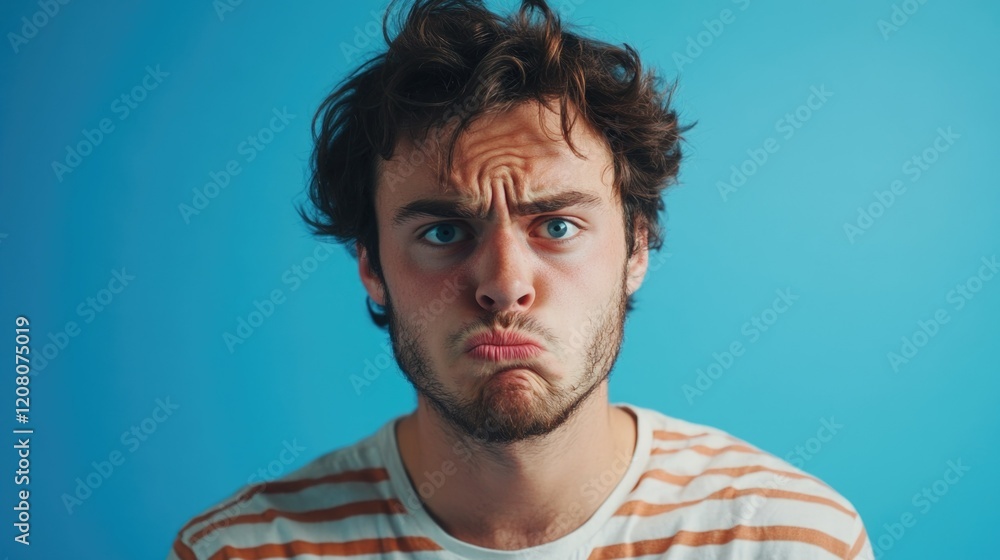 Obraz premium Disbelief Expression, Young Man, Blue Background