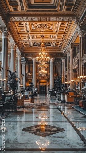 A luxurious hotel lobby with marble floors and chandeliers photo