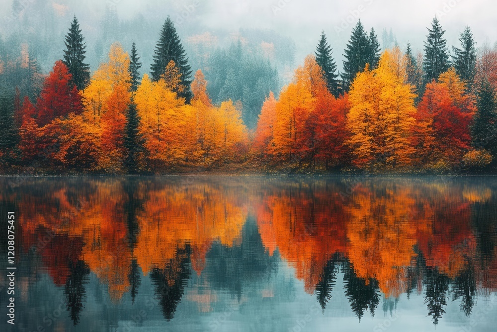 Obraz premium autumn wallpaper featuring vibrant fall trees in shades of orange and red mirrored by a tranquil lake reflecting the colorful foliage creating a cozy atmosphere