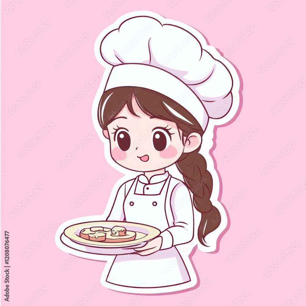 Female cook in hat holds food on plate, pink background, good for food, menu and culinary designs Female cook in hat holds food on plate, pink background, good for food, menu and culinary designs
