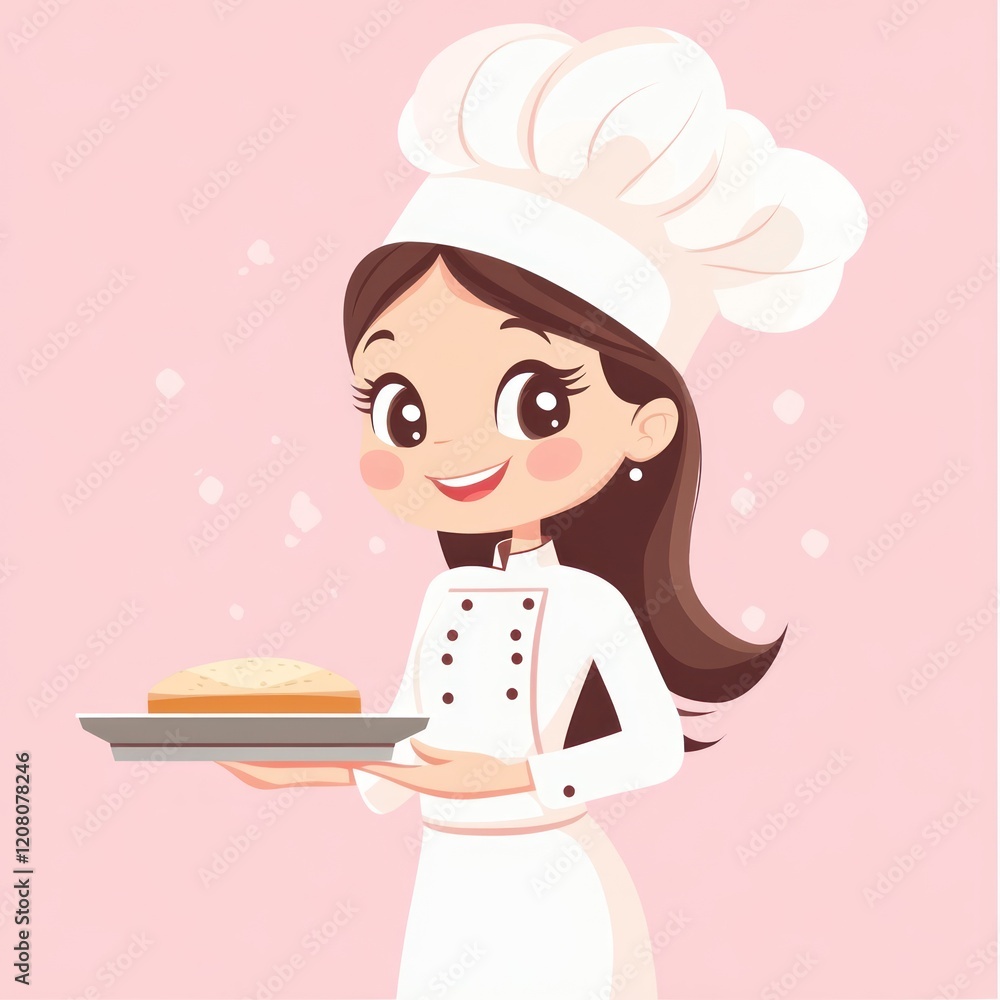Chef holding baked good on a tray on a pink background, for cooking, recipe, culinary illustrations Chef holding baked good on a tray on a pink background, for cooking, recipe, culinary illustrations