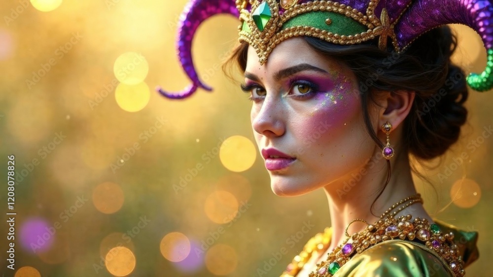 Mardi Gras background with A woman in a costume with a purple horn on her head. She has green eyes and is wearing a lot of makeup Mardi Gras background with A woman in a costume with a purple horn on her head. She has green eyes and is wearing a lot of makeup