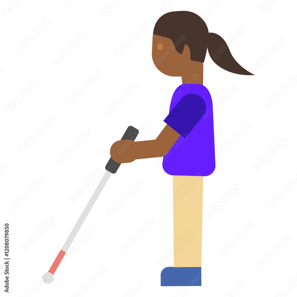 Cartoon Illustration of Person with Dark Skin and Ponytail Using White Cane, Minimalist Design Isolated on White Background Cartoon Illustration of Person with Dark Skin and Ponytail Using White Cane, Minimalist Design Isolated on White Background