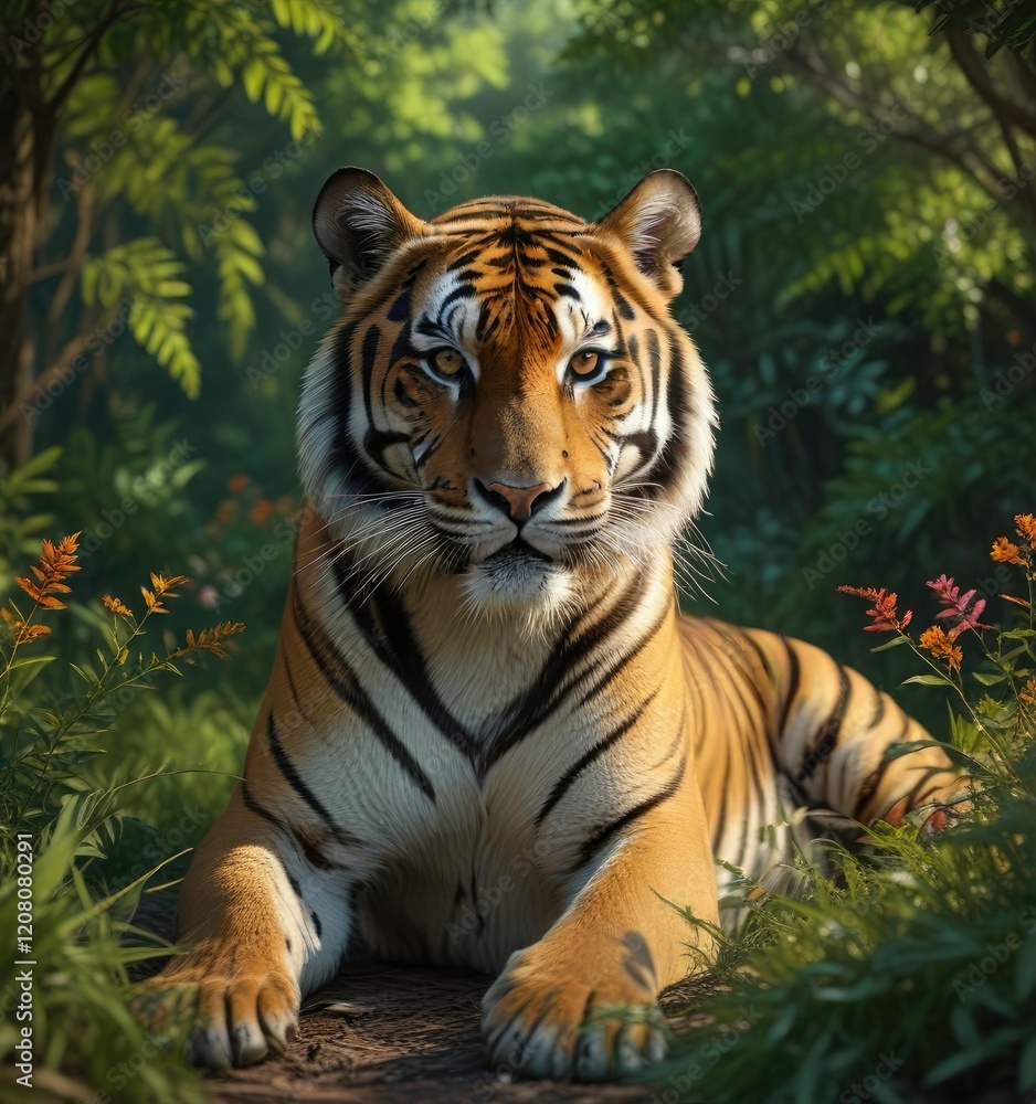 Obraz premium Bengal tiger stretches out in a secluded thicket, ambush, wild animal