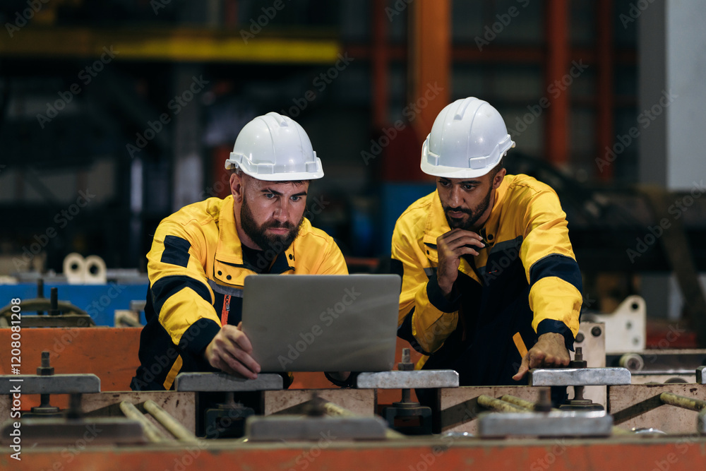 Engineers are inspecting a large engine in a factory, while workers focus on maintaining efficiency. Engineers are inspecting a large engine in a factory, while workers focus on maintaining efficiency.