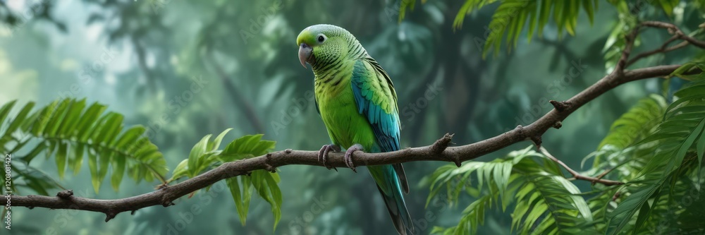 Fototapeta premium Blue and green striped parakeet perched on a leafy branch, nature photography, blue parakeet, pet bird