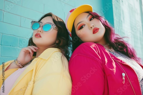 Two female plus size asian models wearing trendy fashion and posing